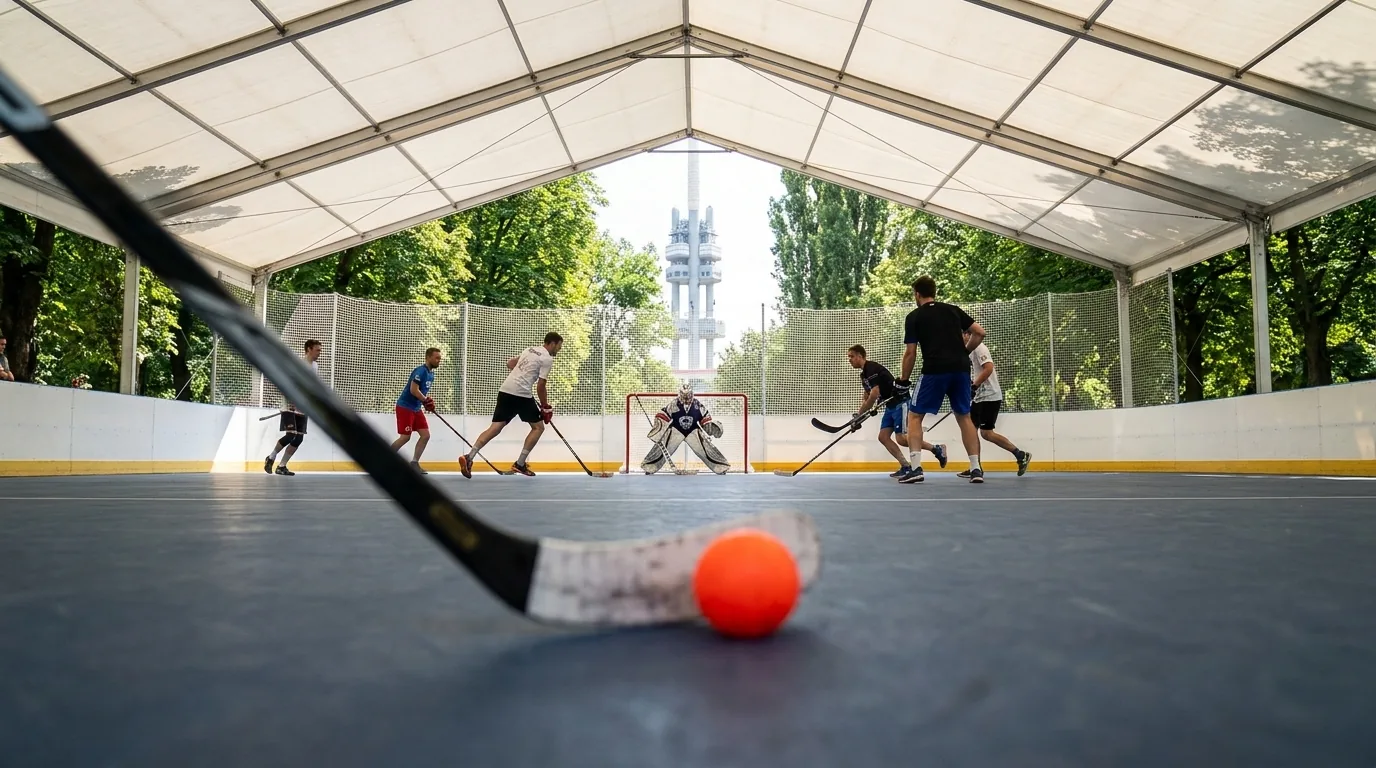 Hra v plném proudu, oranžový hokejbalový míček v popředí