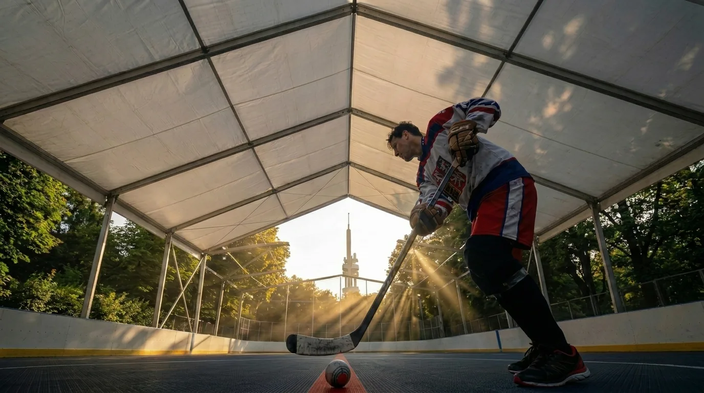 Hráč se střetbalovou hokejkou ve zlaté hodince, v pozadí Žižkovská věž